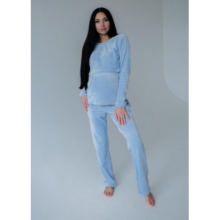 Пижама беременным и мамочкам из плюшевого велюра для дома и сна с секретом для кормления Голубая 2